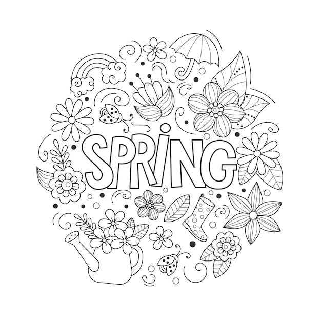 Spring doodles set in cartoon style Line art detailed composition