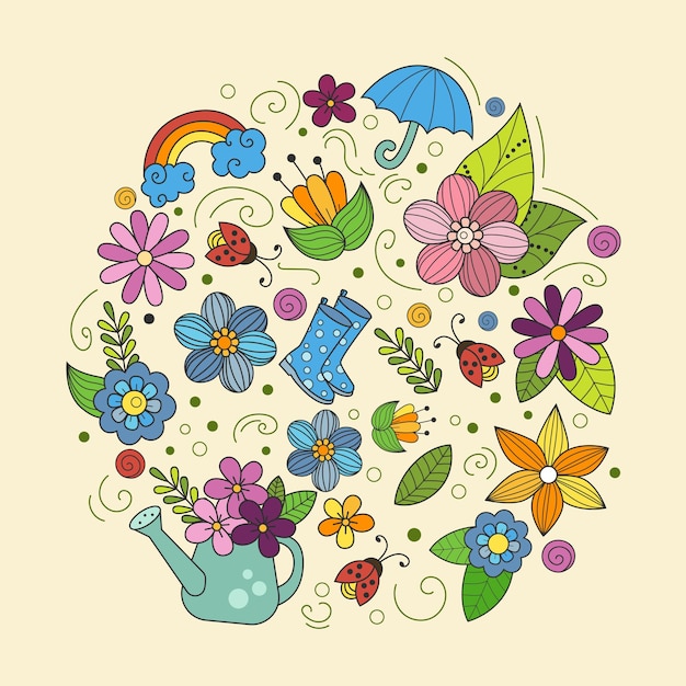 Spring doodles set in cartoon style Vector element for the design of a postcard