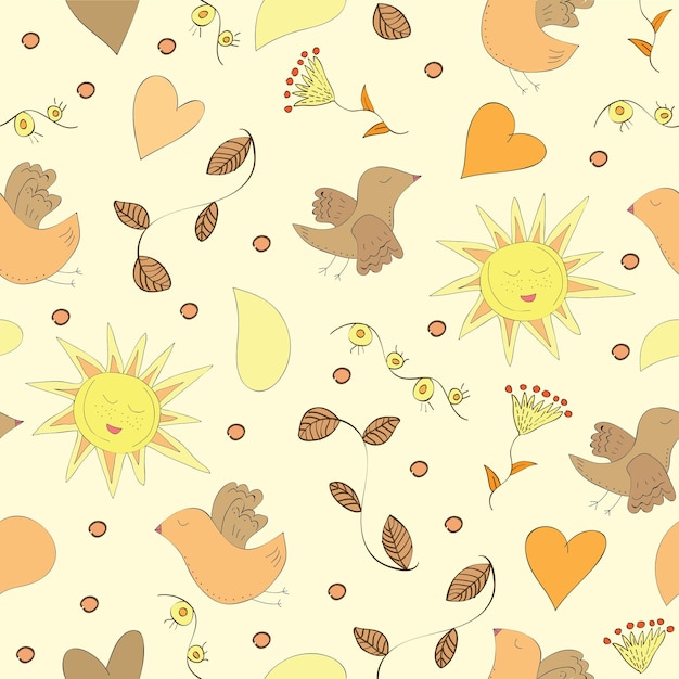 Spring doodles set with flowers, sun, birds - Seamless pattern