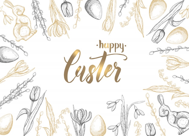 Spring Easter card with hand drawn golden black easter egg, chocolate bunny, lilies of the valley, tulip, snowdrop, crocus, willow. Hand made lettering-Happy Easter