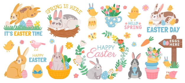 Spring easter cute animal characters and garden elements. Cartoon easter bunny with eggs in basket, flowers, chickens and birds vector set. Illustration of funny rabbit and bunny season