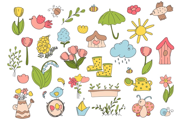 Spring and Easter doodle collection, flowers and decorations. Easter spring set with cute eggs, birds, bees, butterflies. Hand drawn vector illustration.