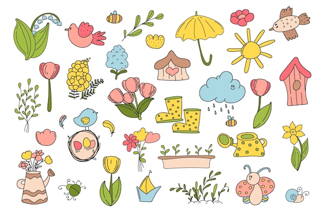 Spring and Easter doodle collection, flowers and decorations. Easter spring set with cute eggs, birds, bees, butterflies. Hand drawn vector illustration.