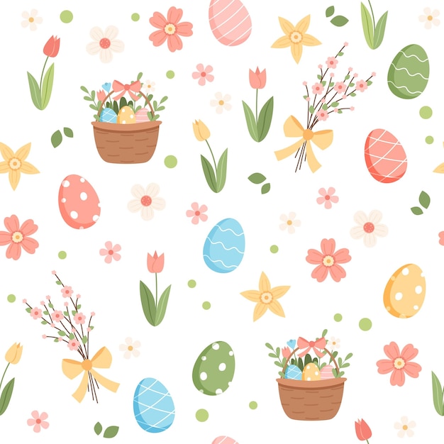 Spring easter pattern with cute elements decorated eggs and flowers Vector illustration