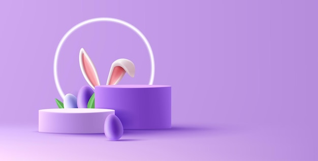 Spring Easter podium cylinder pedestal with eggs and bunny ears and neon glowing circle violet colors