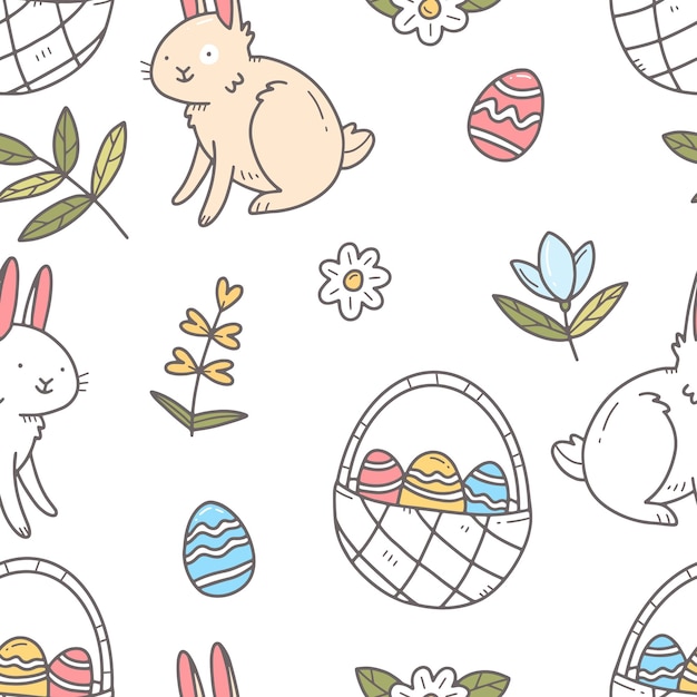 Spring Easter seamless patter with rabbits and Easter eggs and baskets in cartoon doodle style