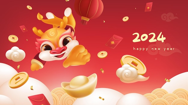 Spring Festival background design cute dragon reach out to grab ingots