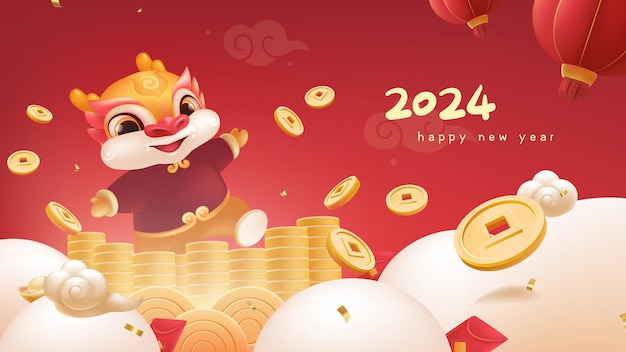 Spring Festival background design gold coins pile cute dragon