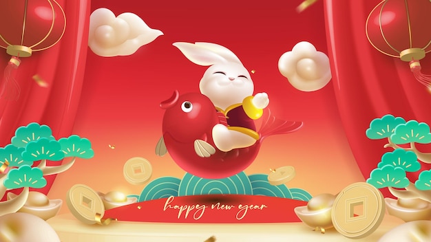 Spring Festival background design of a lovely rabbit riding a red carp