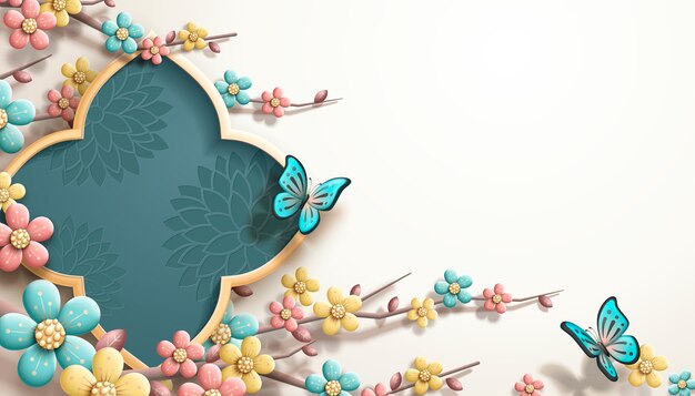 Vector spring festival template with colorful plum flowers and butterflies