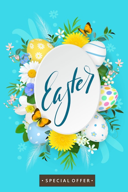 Spring festive Easter poster design with flowers,painted eggs and bunny doodle.Vector illustration