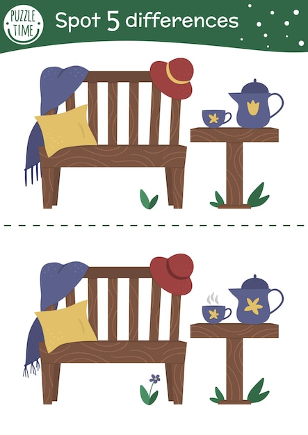 Spring find differences game for children Garden preschool activity with cozy bench tea table cup pillow Attention skills puzzle with cute place for restxA