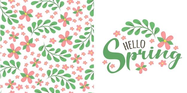 Spring floral seamless pattern with simple pink flower and leaves on white background and script