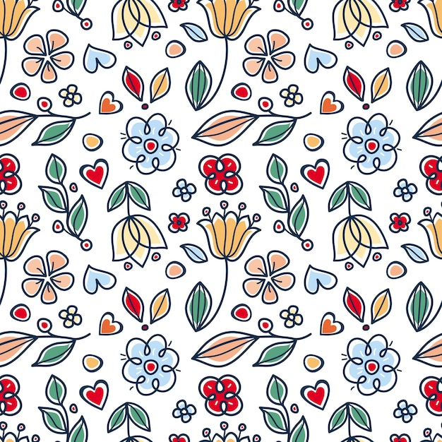 Spring Flower and grass Cute twigs with leaves Scandinavian style seamless pattern