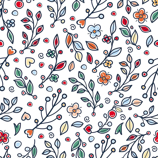 Spring Flower and grass Cute twigs with leaves Scandinavian style seamless pattern