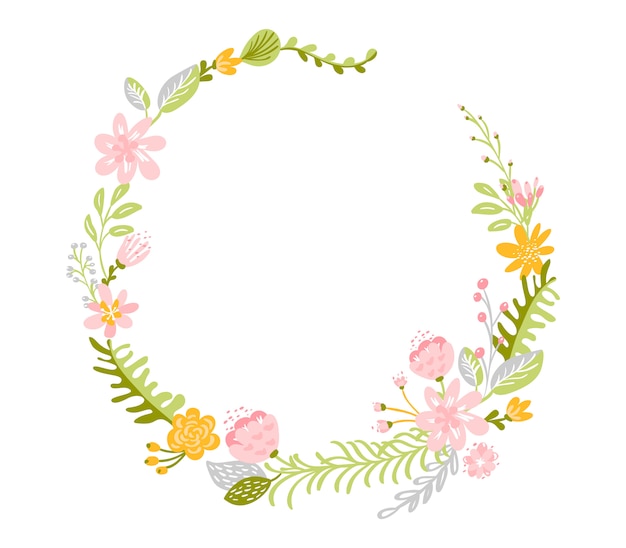 Spring flower herbs wreath with frame