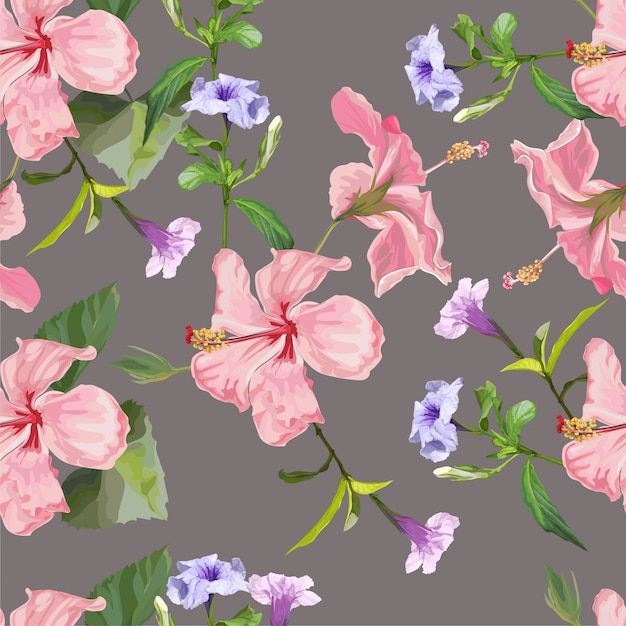 Spring flower Hibiscus and Ruellia tuberosa seamless pattern  illustration