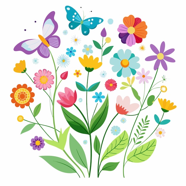 Vector spring flower illustration of a garden with butterflies and grass blurred spring background