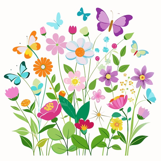 Vector spring flower illustration of a garden with butterflies and grass blurred spring background