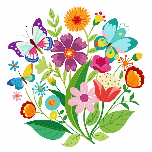 Vector spring flower illustration of a garden with butterflies and grass blurred spring background