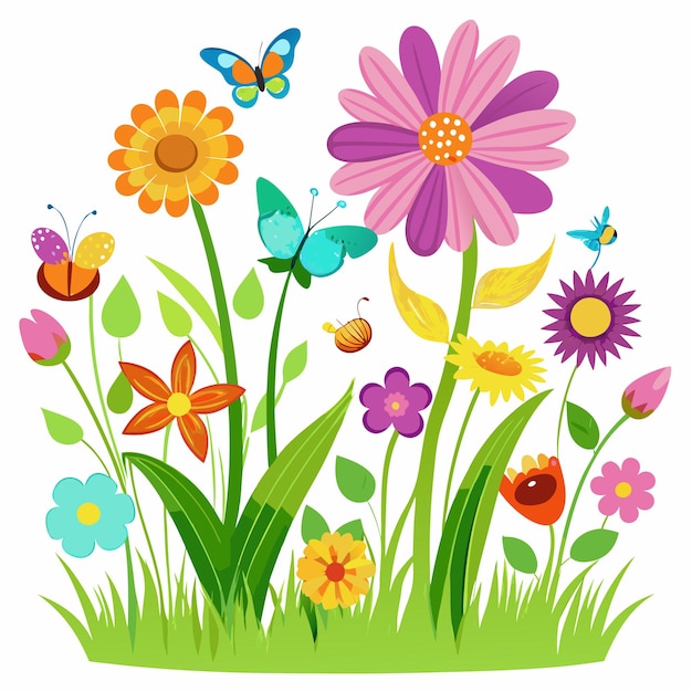 Vector spring flower illustration of a garden with butterflies and grass blurred spring background