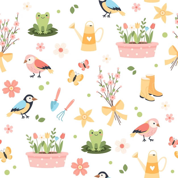 Spring flower pattern tulips birds and butterflies gardening tools