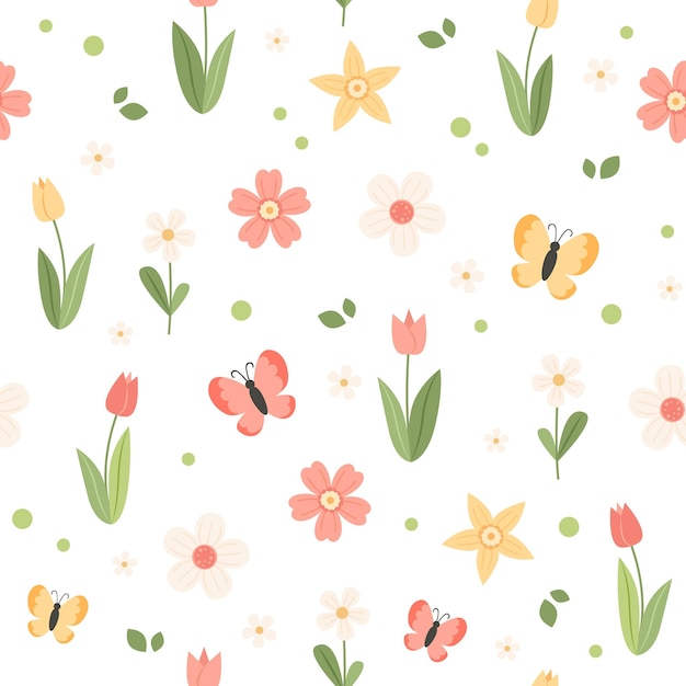 Spring flower pattern tulips cherry blossom and butterflies