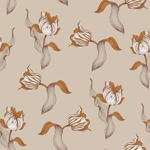 Spring flower tulip.  seamless floral pattern. Garden bulbous tulip flower. Gold branches, leaves, flowers on gray background.