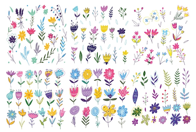 Spring Flowers big set. Hand drawn vector illustration. Cartoon style. Isolated