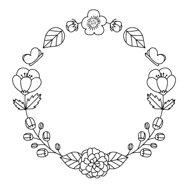 Spring flowers and butterflies wreath vector illustration