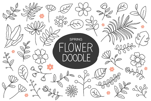 Spring flowers doodle in hand drawn style. Floral and leaves elements collection.