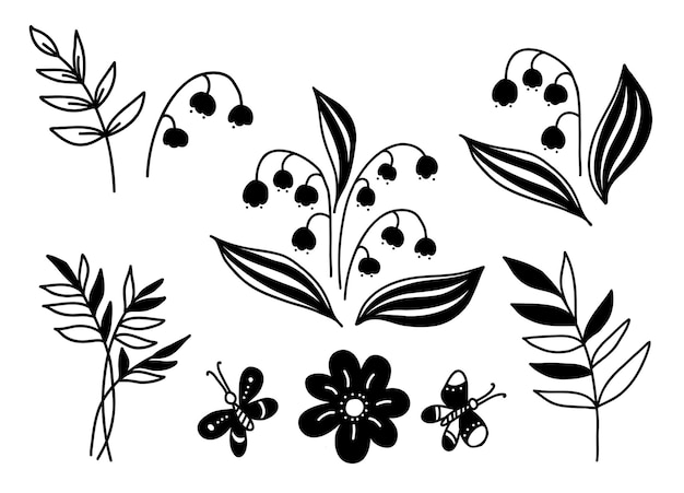 Spring flowers doodle May lily of valley flowers chamomile branches and butterflies