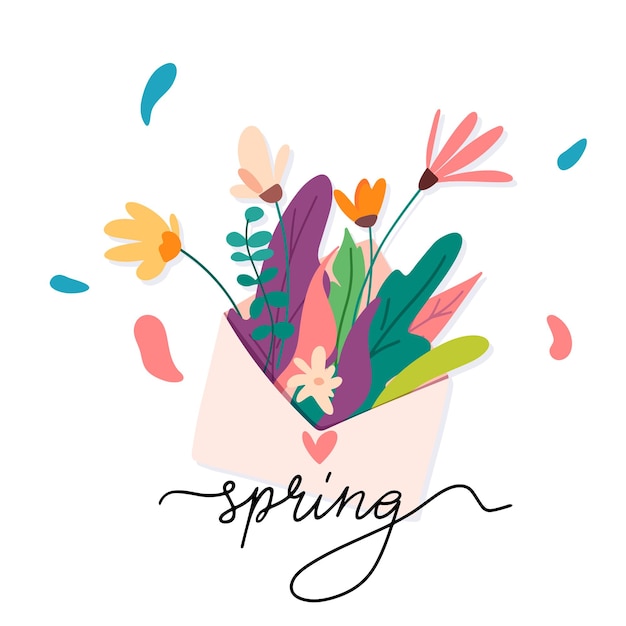 Spring flowers in envelope flat cartoon illustration hello spring concept Beautiful floristics