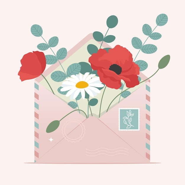 Spring flowers in an envelope vector illustration in flat style