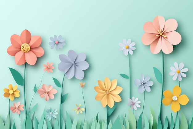 Vector spring flowers paper cut green background