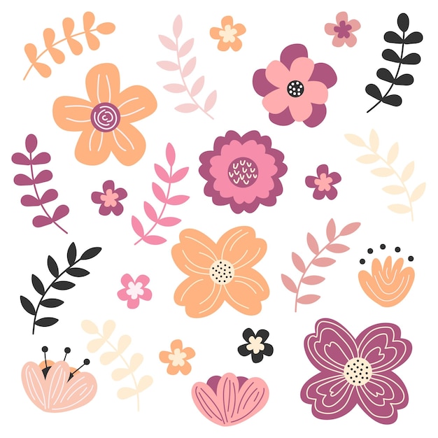 Spring flowers set with pastel color Floral and leaves elements collection