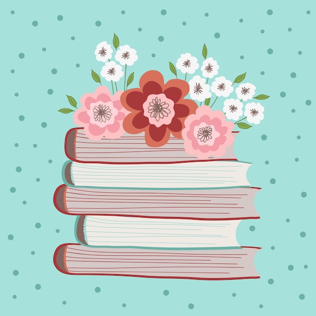 Spring flowers on a stack of books Flat Illustration on blue background