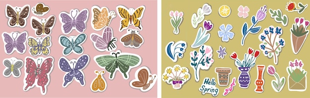 Spring flowers stickers stylized plants folk motifs hyuge bohemia english lettering hello spring