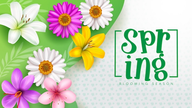 Spring flowers vector template design. Spring blooming season text with fresh and beautiful flower.