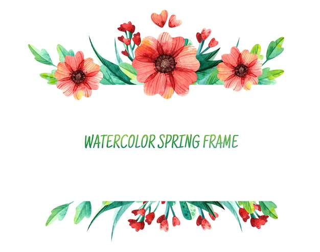 Spring flowers watercolor decorative square frame. Bright foliage with red and yellow flowers.