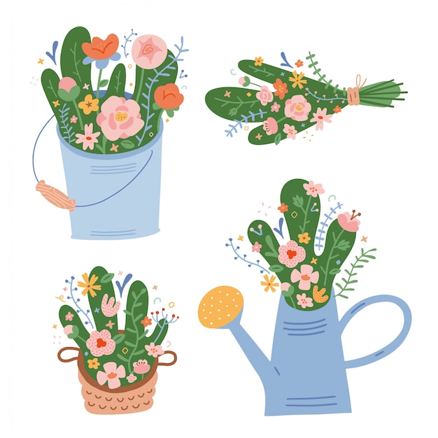 Spring flowers in watering can, green bouquet