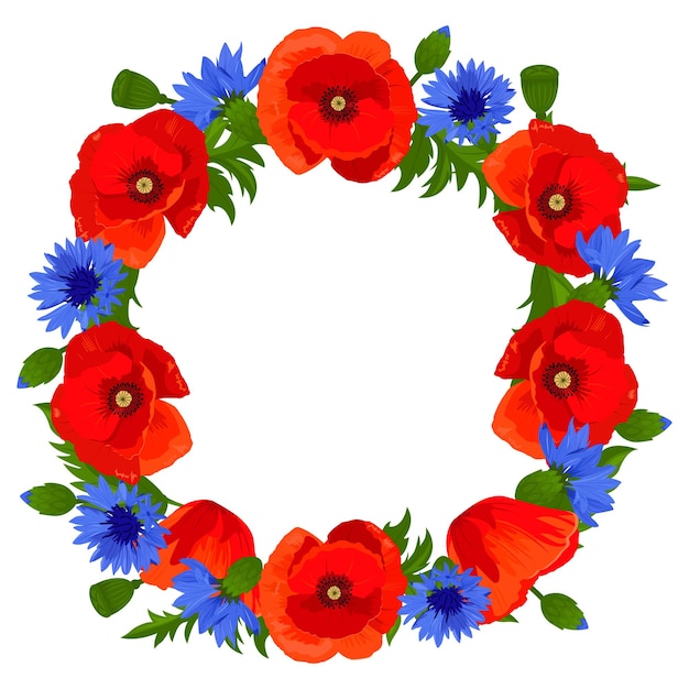 Spring flowers wreath Round frame with poppies and cornflower Vector illustration