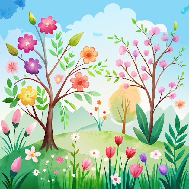 Spring Garden Illustration Blooming Flowers and Greenery