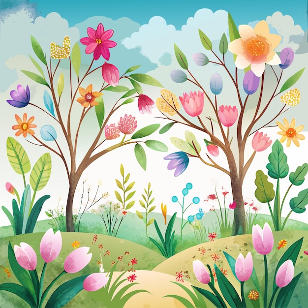 Spring Garden Illustration Blooming Flowers and Greenery