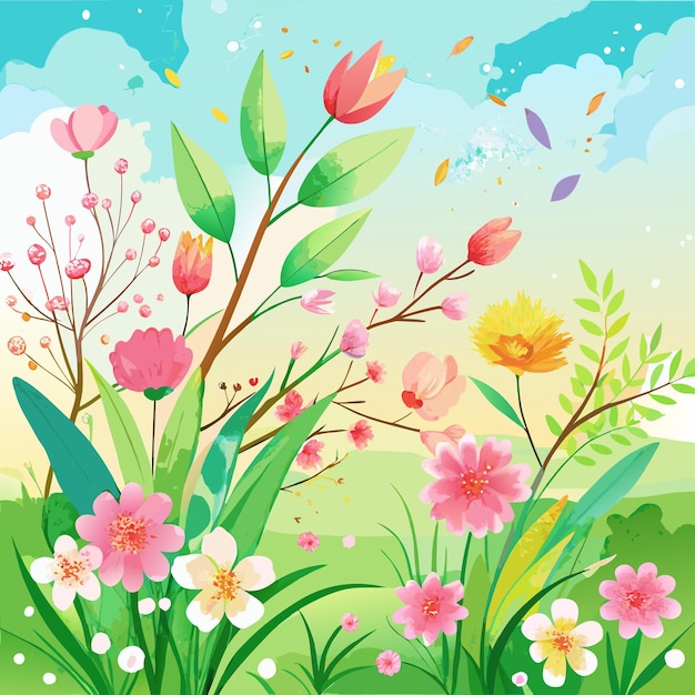 Spring Garden Illustration Blooming Flowers and Greenery