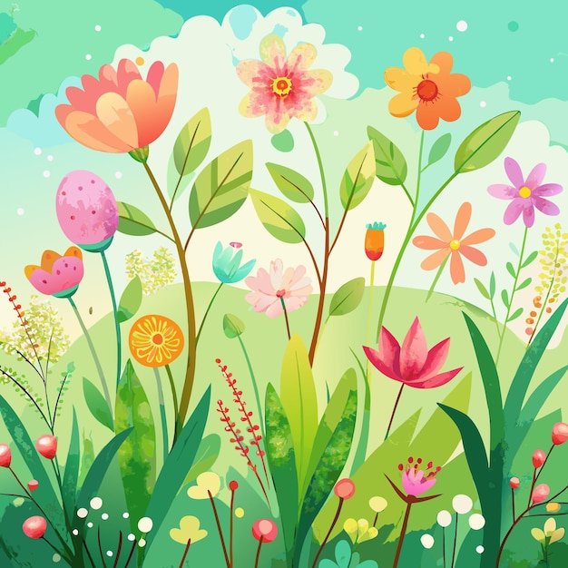 Spring Garden Illustration Blooming Flowers and Greenery