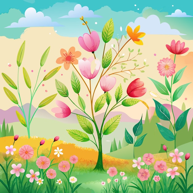 Spring Garden Illustration Blooming Flowers and Greenery