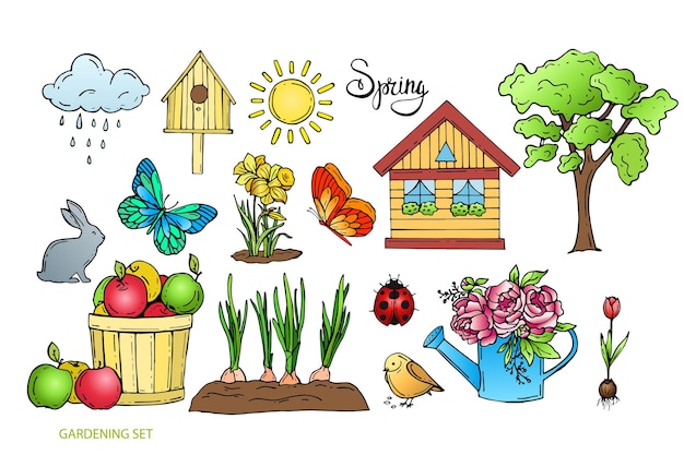 Spring garden set. Hand drawn. Vector illustration