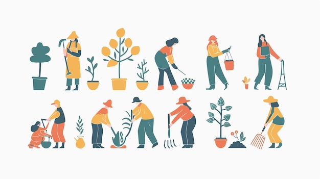 Spring Gardening People Set in HandDrawn Cartoon Style