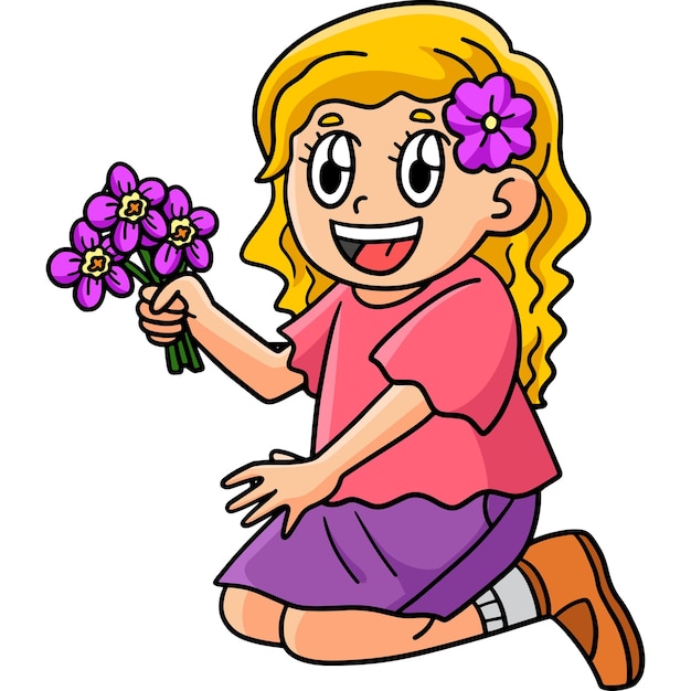 Spring Girl Picking Flowers Cartoon Clipart